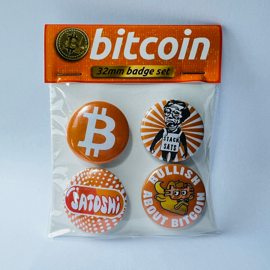 Bitcoin badges, 32mm badge set of 4 metal pin back buttons, crypto currency community.